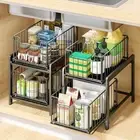 2-Layer Pull Out Cabinet Organizer Carbon Steel Spice Jar Storage Rack Cabinet