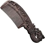 Aibote Natural Ebony Wood Fine Tooth Hair Comb With Handle,Handmade Double-Sided Carved Black Sandalwood Anti-Static No Snag Wooden Combs for Men Women (Dragon)