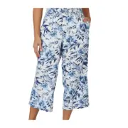 Tahari Light Blue Leaf Print Women's Linen Pull On Stretch Pants Size M