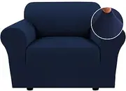 PrinceDeco 1-Piece Microfiber Stretch Couch Covers Spandex Non Slip Soft Fitted Sofa Slipcover Washable Furniture Protector with Elastic Bottom for Kids, Pets (1 Seater,Navy)