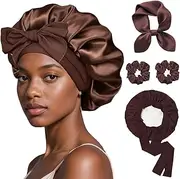 OEIEZ Double-Layer Satin Sleeping Bonnet for Women with Adjustable Elastic Band - Non Slip Night Cap for Natural/Curly Hair, Includes 2 Scrunchies & Scarf, Prevents Frizz & Breakage