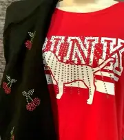 Victoria's Secret Pink Bling Rhinestone Tee Shirt + Leggings Set Red Cherry L