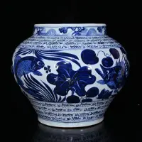 在飛比找Yahoo!奇摩拍賣優惠-古瓷器 古董瓷器 元代巴斯巴紋青花魚藻紋罐（29×31.5c