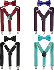 [kilofly] 4 Sets Boys Pre-tied Adjustable Neck Bow Ties + Elastic Suspenders Pack
