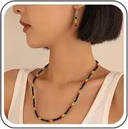 [Xduargs] Boho Seed Beads Necklace Choker Colourful Seed Beads Chain Necklace Summer Beach Beads Necklace Vintage Beads Surfer Necklace Chain Tiny Seed Beads Earrings Set Jewellery, Zinc, No Gemstone