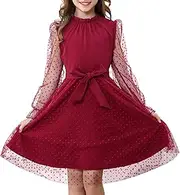 [Rolanko] Girl's Puff Long Sleeve Dress, High Waist with Belt A Line Ruffled Collar Contrast Mesh Princess Party Tulle Dresses