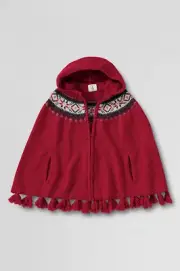 Land's End Girls' FairIsle Zip front Hooded Cape Rich Red New with Tag!