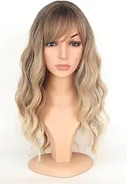 SYMEIW Ombre Dirty Blonde Wavy Wigs With Bangs For Women Medium Long Ash Blonde Synthetic Wigs For Daily Use （Dirty Blonde）