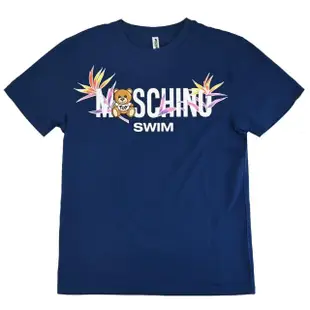 【MOSCHINO】品牌英文LOGO泰迪熊夏日風個性棉短T恤(藍)