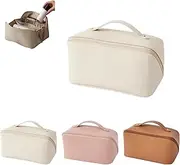 Large Capacity Travel Cosmetic Bag, PU Leather Waterproof Portable with Handle and Divider, Multi Layer Makeup Bag (White)