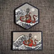 THE KRAKEN vs THE GREAT WAVE Poseidon Trident 100% Embroidered Patch Hook & Loop