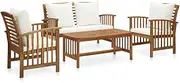 vidaXL 4 Piece Garden Lounge Set - Solid Acacia Wood Construction with Oil Finish - Coffee Table, Bench, and Chairs with Cream White Cushions