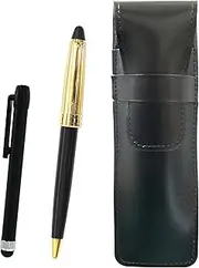 Slim Cowhide Leather Pen Case Black Metal Touch Stick Black and Neo D-800 Holi Gold Finish Retro Ballpoint Pen Set Black ASB-ALB-800B-B
