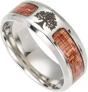 [TQWSVUM] Men's Stainless Steel Viking Tree of Life Ring,Nordic Yggdrasil And Wood Inlay Band,Handmade Polished Vintage Punk Gothic Style Signet Ring Jewelry