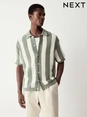 White/Sage Green Relaxed Fit Cotton Rich Short Sleeve Stripe Crochet Knit Shirt (AA0138) | $52