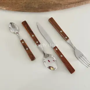 簡約復古不鏽鋼西餐餐具3件套 木柄刀叉勺餐具組 ins風餐具 (8.3折)