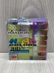 10 Pack NEON Imation Formatted Diskettes IBM 2HD 1.44 MB Sealed Acrylic Box.