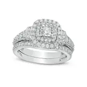 1.0 CT. T.W. Princess-Cut Natural Diamond Double Frame Collar Antique Vintage-Style Bridal Engagement Ring Set in Solid 10K White Gold