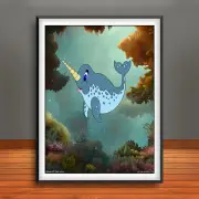 Cartoon Narwhal Colorful Coral Reef Print, Ocean Poster, Aquatic Decor, Sea