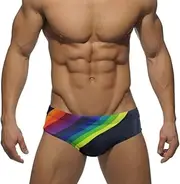 [Top Spot Apparel] Men's Enhancing Low Rise Rainbow Stripe Swim Briefs, Front Removable Pad and Push-Up Cup