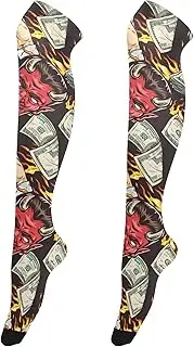 [Caihoyu] Over-Knee Socks for Women Casual Extra Long Socks Thigh High Sock for Daily Wear, Cosplay Money Colorful Vintage Pattern Falling, Money Colorful Vintage Pattern Falling
