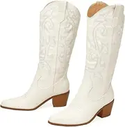 [LNNLUU] High Heels Women Western Cowgirl Cowboy Boots(35-42), Pointed Toe/Embroidery, Pull-on/Middle Tube, Non-Slip/Breathable, for Spring, Autumn, Winter,41,White