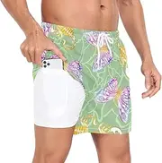 [GuoChe] Mens Swimming Shorts Men's 2In1 Workout Running Shorts Safari Butterflies and Scorpions Green with Liner Inseam
