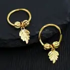 9K YELLOW GOLD GF CREOLE LEAF CHARM DROP BEADED WOMENS KID HOOP SLEEPER EARRINGS