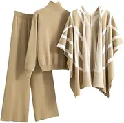 [Generic] Women's Lounge Sets Knitted Sweater Tops Shawl Cloak And Wide-Leg Pants 3-Piece Outfits Holiday Jammies Sets