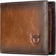 [BULLCAPTAIN] RFID Wallets for Men Slim Bifold Genuine Leather Front Pocket Wallet with 2 ID Windows QB-05, Brown, S, Minimalist