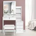 Dressing Table Stool Mirror Set Lockable Drawer Open Shelves Makeup Organizer