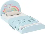 HONEY JOY Kids Twin Size Floor Bed Frame, Upholstered Floor Bed with 210D Oxford Cloth Floor Mat, Middle Support Slat, Padded Boards, Montessori Bed Frame for 3+ (Blue Rainbow)