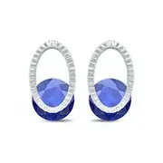 8.0mm Lab-Created Blue Sapphire and Textured Open Oval Clip-Style Drop Earrings in Sterling Silver