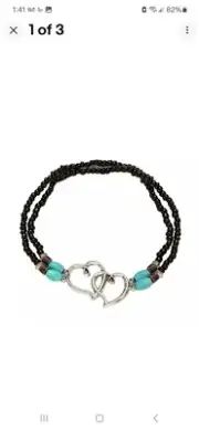 Black Boho Love Heart Beaded Charm Anklet. Elasticized