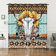AILONEN Boys Cow Skull Window Curtain,Gothic Sunflower Window Drapes for Kids Teens Men,Western Blue Brown Window Treatment Drapes for Bedroom Living Room Decor, 42" W x 63" H,2 Panels Set