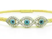 Yellow Gold Sterling Silver Diamond Set Evil Eye Kabbalah Cable Bangle Bracelet