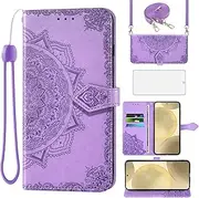 [Asuwish] Mobile Phone Case for Samsung Galaxy S24 5G Case with Strap and Glass Screen Protector Card Slot Foldable Leather Wallet Stand S 24 24S S24 Case Mandala Protective Phone Case Purple