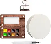 Pocket Watercolor Travel Set,8 Grids Wood Travel Paint Palette Paint Box | Watercolor Sketch Book Brush Pens with Binder Clips for Painters Artists Students