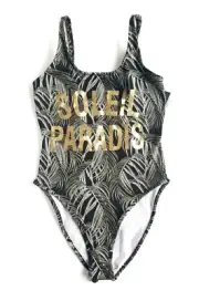 Topshop Palm Banana Leaf Tropical Print Snap Crotch Thigh High Bodysuit Gold 4 S