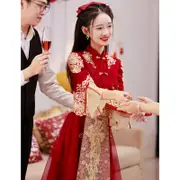 附發票【高質量 秀和服】中式婚禮 中式婚服 中式旗袍敬酒服2024新款高級感修身氣質結婚新娘禮服酒紅色秀禾服