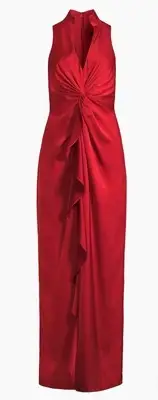Aidan Mattox Women's Red Gathered Ruffle Satin Column Dress Size 14 NWT