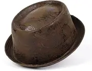[LINCYS] Retro Men Leather Pork Pie Hat Dad Fedora Hat Jazz Hat for Gentleman Flat Gambler Church Hat 3Szie