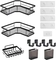 3 Pack Rustproof Stainless Steel Corner Shower Caddy, No Drilling Bathroom Storage Organizer with Soap Holder, Hooks and Toothpaste Holder, Space-Saving for Shower, Kitchen