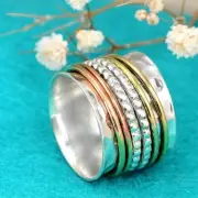 Solid 925 Sterling Silver Wide Band Spinner Ring Hammered Statement Jewellry