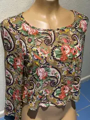 Cotton Candy Multi-color Floral Long Sleeve w/ Fringe Crop Top - Women's S NEW