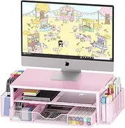 OPNICE 2-Tier Pink Metal Computer Monitor Stand Riser with Drawer and 2 Pen Holders, Desk Organizer for Office Supplies, Workspace Desktop Storage