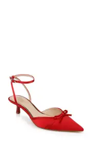 Jewel Badgley Mischka Talasia Ankle Strap Pointed Toe Kitten Heel Pump in Red Satin at Nordstrom, Size 8