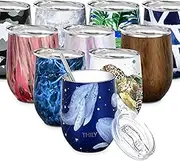 Vacuum Insulated Stemless Wine Tumbler - THILY 12 oz Stainless Steel Travel Wine Glass Cup for Wine, Coffee, Cocktails, with Lid, Reusable Straw, Fantasy Whale