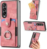 Compatible with Samsung Galaxy Z Fold4 Magnetic Bracket Case,Compatible with Samsung Galaxy Fold 4 5G SM-F936 (PC+TPU+PU) 3 in 1 Card Slots Kickstand Phone Cover Pink
