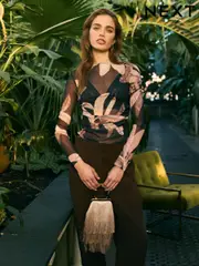 Black Palm Long Sleeve Ruched Side Mesh Top (AL1600) | $29
